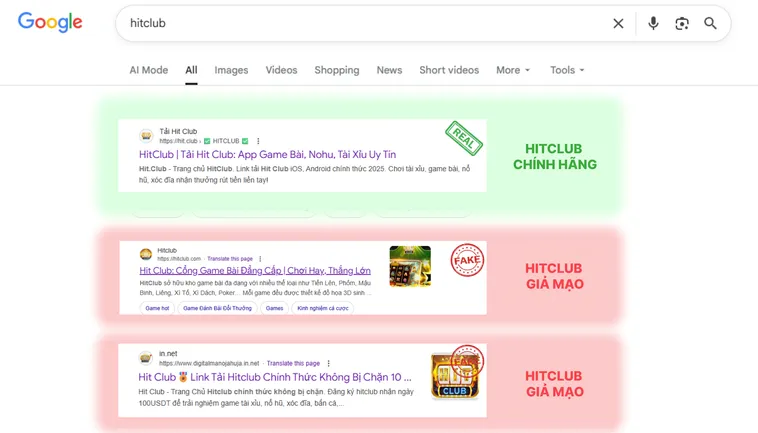 Khi mở link thật Hit.Club, bạn được dẫn thẳng tới trang chủ chuẩn, còn link giả Hit.Club có thể chuyển hướng sang trang khác.